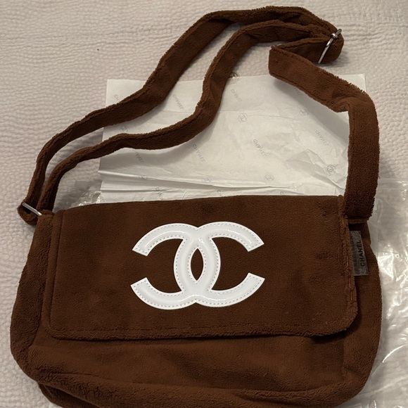 CHANEL Handbags - NWT Chanel Brown Suede Crossbody Bag with White CC Logo gift with purchase